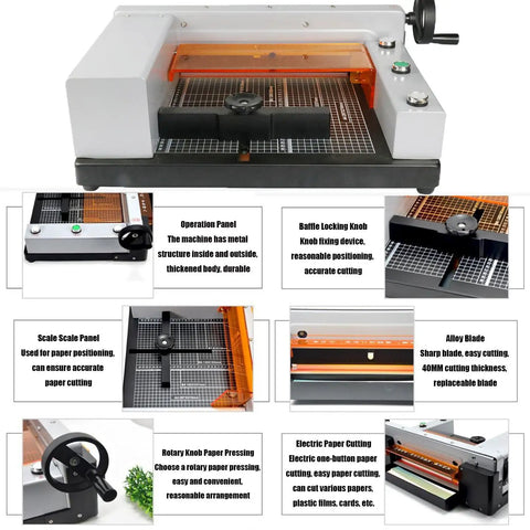 Auto Paper Cutter For A4 Size Heavy Duty Desktop Paper Trimmer With Double Safety Electric Cutting Machine For Graphic Shops And Advertising Agencies Neat Clean Burr Free Cuts Pro Grade Office Productivity shown with features highlighted
