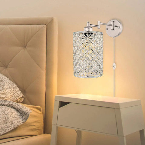 One Light Sleek Modern Wall Lamp With Swing Arm Dimmable Crystal Glass Shade Industrial Metal Round Sconce mounted in bedroom