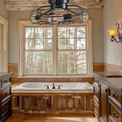Dope Industrial Black Caged Ceiling Fan With Lights 20 Inch Modern Smart Ceiling Fan with remote in a rustic styled bathroom.