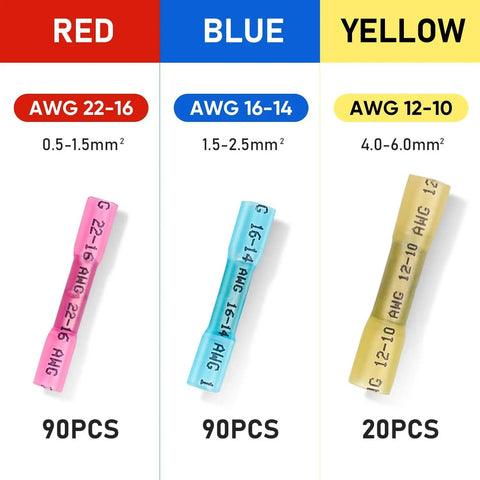 Heavy Duty Heat Shrink Butt Connectors Crimp Wire Connectors Kit Featuring Tight Tinned Copper Barrels For Zero Short Circuit Risk Smooth Current Flow And Rock Solid Power Connection Daily in red, blue, and yellow sizes.