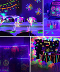 Outdoor Blacklight LED Rope Lights Kit creates vibrant purple glow at a birthday party with neon decor and balloons, 40 feet waterproof.