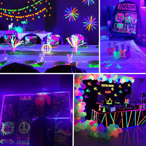Outdoor Blacklight LED Rope Lights Kit creates vibrant purple glow at a birthday party with neon decor and balloons, 40 feet waterproof.