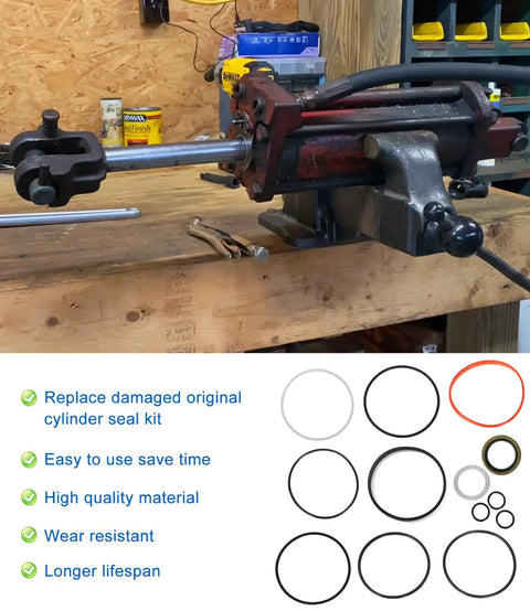 Hydraulic Cylinder Seal Kit For Bush Hog 3.5 Inch Bore 8 Inch Stroke Replacement Part 50017623 shown on workbench with seal rings