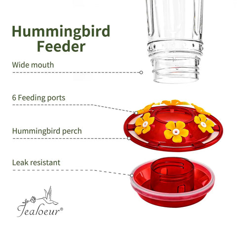 Outdoor Hummingbird Feeder 18 Oz With 6 Bee Guard Ports, Built-In Ant Moat, wide mouth and hummingbird perch design