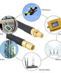 Beefy 10 Foot SMA Male To SMA Female Coax Extension Cable 50 Ohm KMR240 with connectors and usage diagram for antennas and test equipment