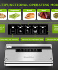 Stainless Steel Vacuum Sealer Machine With Built In Cutter And Bag Storage showing multifunctional operating modes.