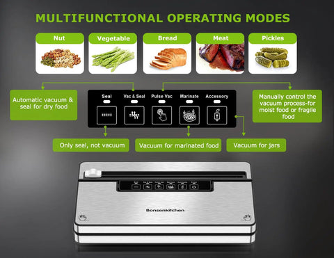 Stainless Steel Vacuum Sealer Machine With Built In Cutter And Bag Storage showing multifunctional operating modes.