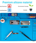 Large Soldering Mat Heat Resistant Silicone Work Pad With Magnetic Surface And Anti Static Wrist Strap Pro Grade For Soldering Station Phone Laptop Tablet Watch Repair Blue with tools and phone components on mat