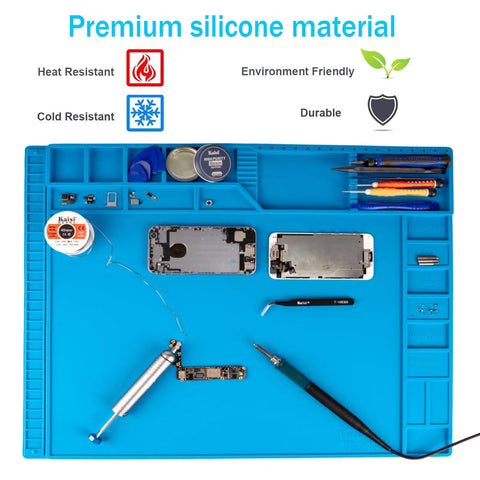 Large Soldering Mat Heat Resistant Silicone Work Pad With Magnetic Surface And Anti Static Wrist Strap Pro Grade For Soldering Station Phone Laptop Tablet Watch Repair Blue with tools and phone components on mat