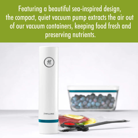 Fresh & Save La Mer Handheld Food Saver Vacuum Pump shown with sealed food bags and container