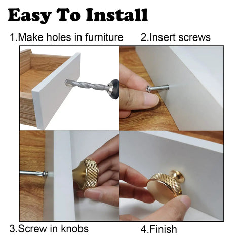 Installation steps for Gold Cabinet Knobs 25 Pack for Dresser and Furniture, easy install process with screws and drill.