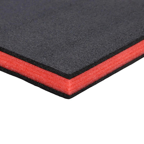 Black and red cuttable polyethylene tool box shadow sheet with customizable foam padding for easy tool storage organization and rugged shock protection.