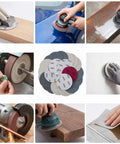 Grab These 24 Inch Round Sanding Discs For Drill With Multi Grit Set visible in usage on wood, metal and plastic surfaces.