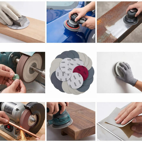 Grab These 24 Inch Round Sanding Discs For Drill With Multi Grit Set visible in usage on wood, metal and plastic surfaces.