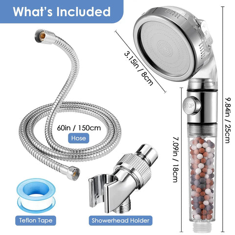 High Pressure Handheld Shower Head Kit With Filter 5ft Hose Bracket And Teflon Tape Purifying Beads For Hard Water System
