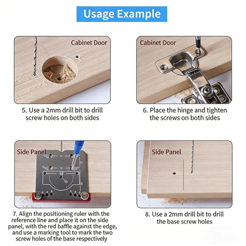 Cabinet Door Mounting Jig With Precision Hinge Locator 8x8.5x1.5cm Adjustable Hinge Drilling Positioner demonstrating use