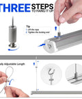 Installation guide for 8 Foot LED Shop Light with 140W Output and 17000 Lumens, showing hanging setup and adjustments.