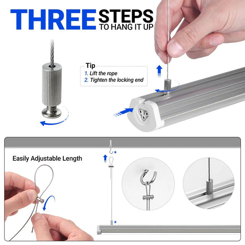 Installation guide for 8 Foot LED Shop Light with 140W Output and 17000 Lumens, showing hanging setup and adjustments.