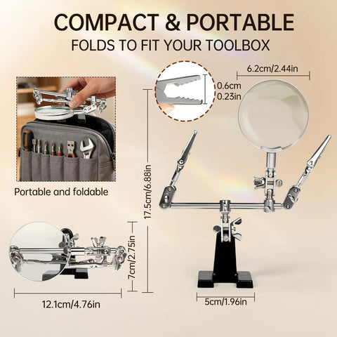 Hands Free Magnifier Station With 2.5X Glass Lens Dual Adjustable Alligator Clips On 4 Way Swivels Heavy Base For Soldering Crafting