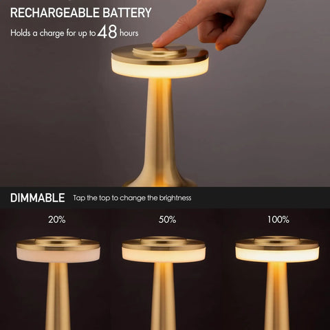 Portable Dope LED Table Lamp With Touch Sensor Three Levels Of Brightness Rechargeable Battery Lasting Up To 48 Hours in Gold.