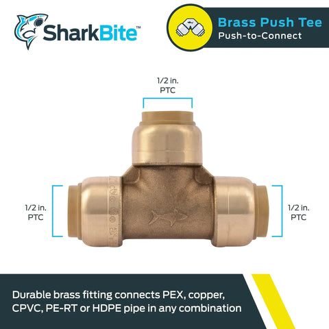 Half Inch Push To Connect Brass Tee Fitting For PEX Copper CPVC PE-RT HDPE Piping, Quick Connect Plumbing Tee For Tight Spaces, No Fuss Install, Durable Brass Construction, Underground And Behind Wall Ready