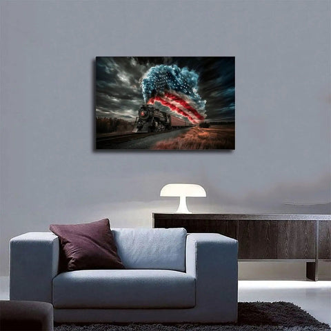 All American Vintage Train Canvas Print With American Flag Steam Locomotive, Framed Wall Art in modern living room, 18x12 inch
