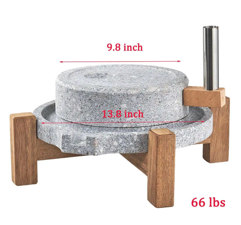 Manual Stone Grain Mill For Dry And Wet Grinding with granite stone and wood base, shown with measurements