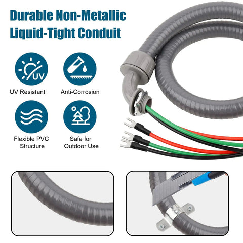 Six Foot Non Metallic Liquid Tight Conduit Kit with pre-wired 1/2 inch electrical whip; features three 10 AWG THHN conductors.