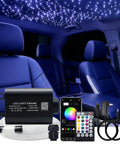 16W Fiber Optic Starlights Headliner Kit With 300 Strands 0.03in Fiber And 6.5ft Length Bluetooth App Control Music Activated Light Kit For Car Truck And Home Use Totally Lit installed in car interior, showing starlight effect and app controls.