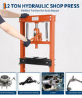 Heavy Duty 12 Ton Hydraulic Shop Press With H Frame For Garage Floor Use, Adjustable Working Table Height, Two Plates, Durable Orange Finish