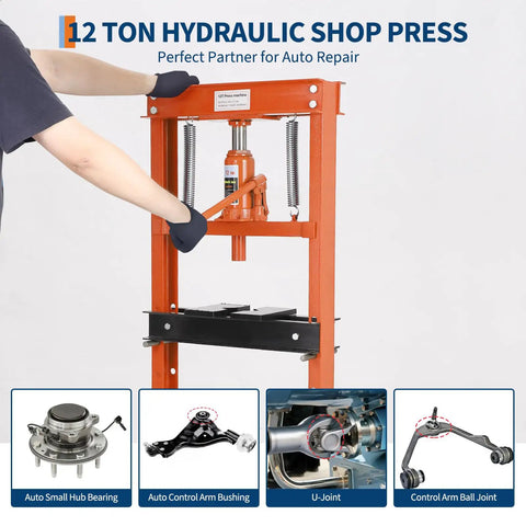 Image of Heavy Duty 12 Ton H Frame Hydraulic Shop Press in vibrant orange for garage use, designed for auto repair and metalworking.