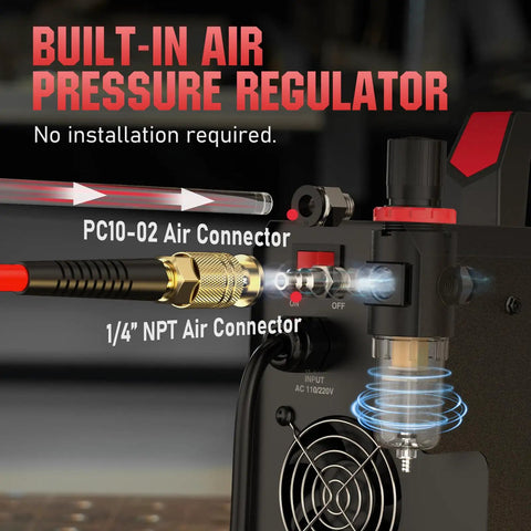 Close-up of 4 In 1 Plasma Cutter With 65 Amp Dual Voltage 110 Volt 220 Volt Non High Frequency Non Touch Pilot Arc air regulator.