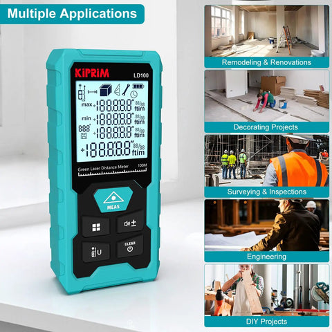 Green Laser Distance Meter With 328 Feet Range, USB Type C Rechargeable Battery, Ultra Accurate To One Sixteenth Inch, Electronic Level, Ten Measurement Modes, Class II Laser, Reflector Plate LD100 shown with uses for remodeling and DIY