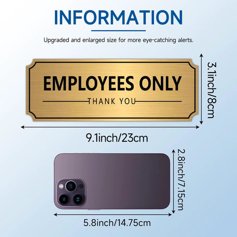 Brushed Gold Employees Only Door Sign Sticker Self Adhesive Weatherproof Vinyl Staff Only Decal alongside smartphone for scale