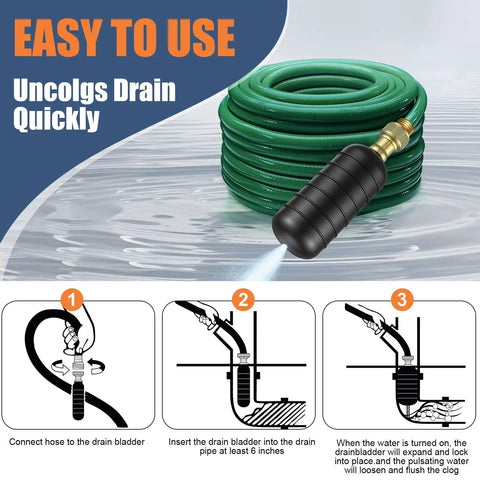 Multi Size Rubber Drain Bladder Kit For Knocking Out Dang Clogs In 1 To 6 Inch Pipes Fast No Sweat Bathroom Sink Shower Or Pool Unclogger That Hooks Up To Standard Garden Hoses For A Quick Home Plumbing Fix with hose connection instructions.