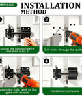 Installation guide showing steps to mount Heavy Duty Self Locking Gate Latch For Wood Fences And Garden Gates using screws.