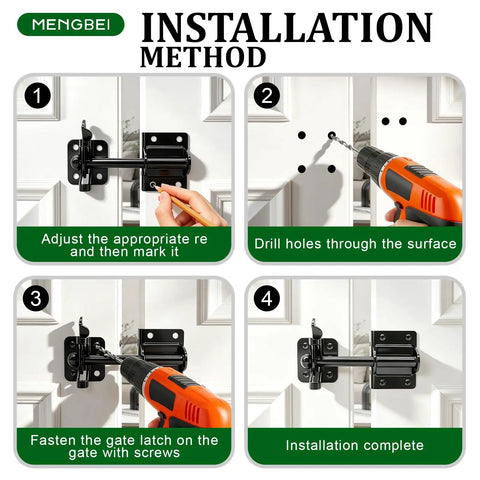 Installation guide showing steps to mount Heavy Duty Self Locking Gate Latch For Wood Fences And Garden Gates using screws.