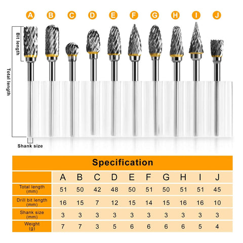 Hardcore Tungsten Carbide Rotary Burr Set With 10 Pieces 3mm Shank and 6mm Cutting Bit For Wood Stone And Metal Working sizes