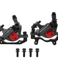 Black Two Piece Hydraulic Disc Brake Set For Mountain And Road Bikes With Aluminum Alloy Body, calipers and screws visible.