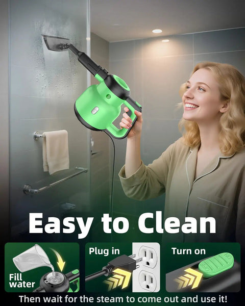 Using 12In1 Steam Mop With Detachable Handheld Cleaner to clean a shower, highlighting its efficient and chemical-free steam power.