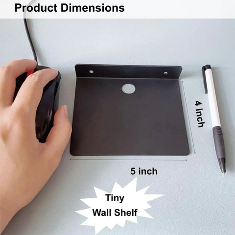 Straight Fire Black Metal Floating Wall Shelf For Echo Dot Alexa Smart Speakers Cameras Compact Rack dimensions shown with a mouse.