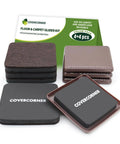 Eight Piece Square Furniture Sliders Pack for Hardwood Floors and Carpet, Three And A Half Inch Brown Moving Pads in packaging.