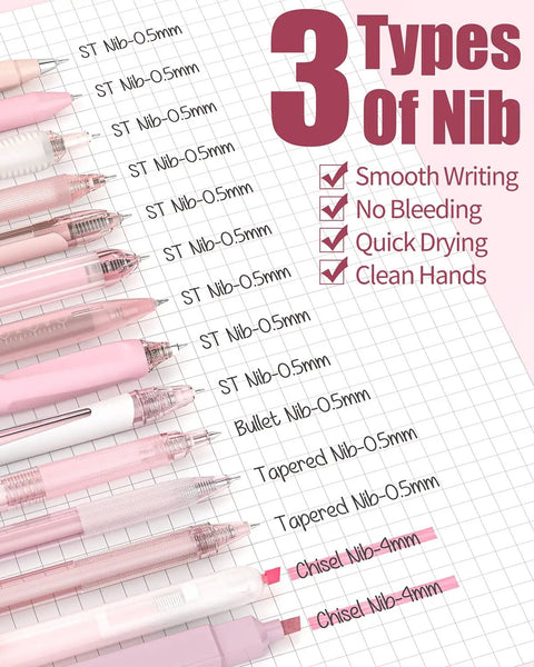 Cute Pink Ink Pens And Highlighters Set For School And Office, showcasing retractable 0.5mm nibs and pink design details on a grid background