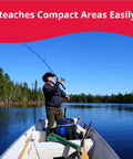 Person fishing on a boat with Self Priming Hand Bilge Pump For Small Boats And Kayaks, Easy Water Removal, Manual Bilge Pump visible on board.