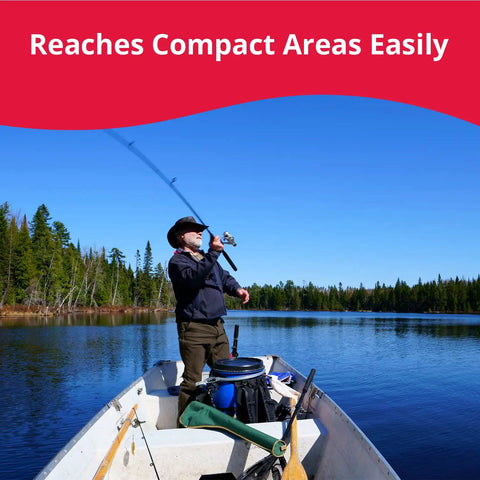 Person fishing on a boat with Self Priming Hand Bilge Pump For Small Boats And Kayaks, Easy Water Removal, Manual Bilge Pump visible on board.
