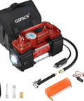 Beefy Heavy Duty Digital Tire Inflator 12V Portable Air Compressor Pump With Dual Cylinder Design, accessories, and carrying bag.