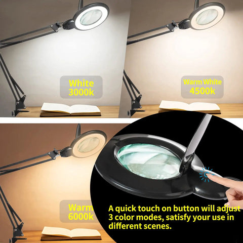 10X Magnifying Glass With Light And Stand Great For Close Work And Crafts, 2200 Lumen LED Desk Lamp With Swing Arm showing color modes