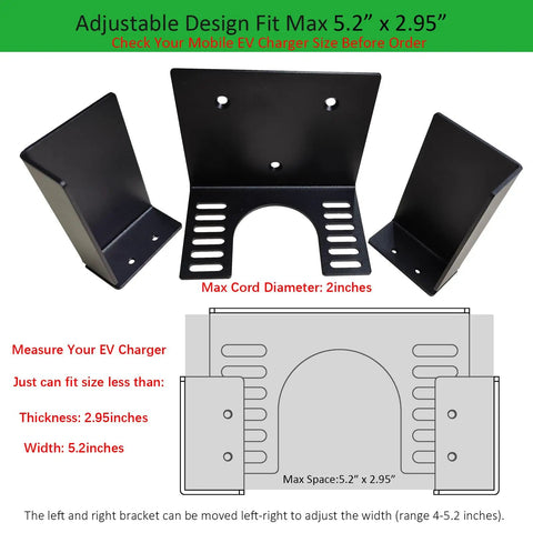 Adjustable EV Charger Wall Mount Bracket With Steel Cable Hook And Secure Grip Design, 5.2 x 2.95 inches, for neat garage storage.