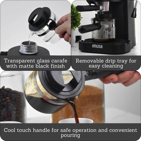 Straight Up Home Barista Vibes With This Compact 4 Cup Electric Espresso And Cappuccino Maker Featuring A Durable Milk Frothing Pitcher For Quick Daily Grind Sessions. Transparent glass carafe with matte black finish.