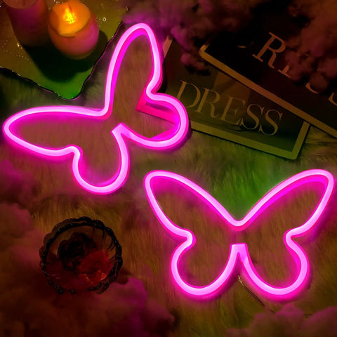 Two Pack Butterfly Neon Sign LED Light Wall Decor Pink Neon Butterfly Wall Art Powered By 3AA Batteries Or USB